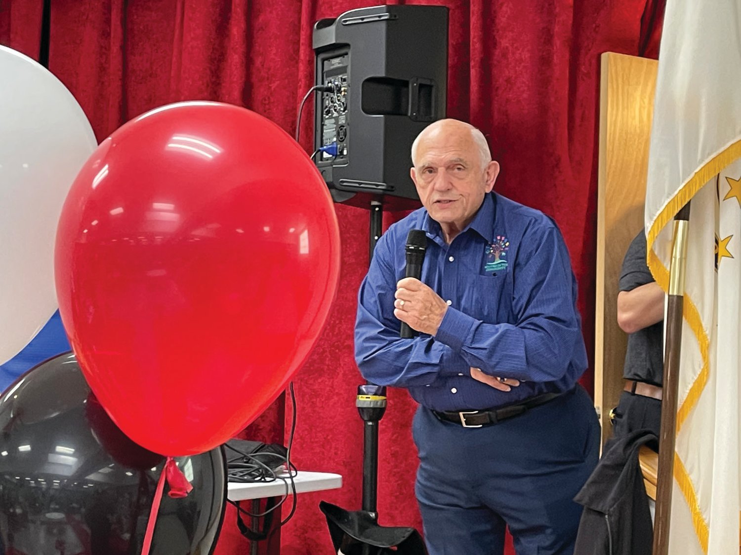 MESSAGE FROM THE CHIEF: Ken Mancusco, former chief of the Cranston Police Department, addresses those on hand for Tuesday’s reopening event at the Cranston Senior Enrichment Center.